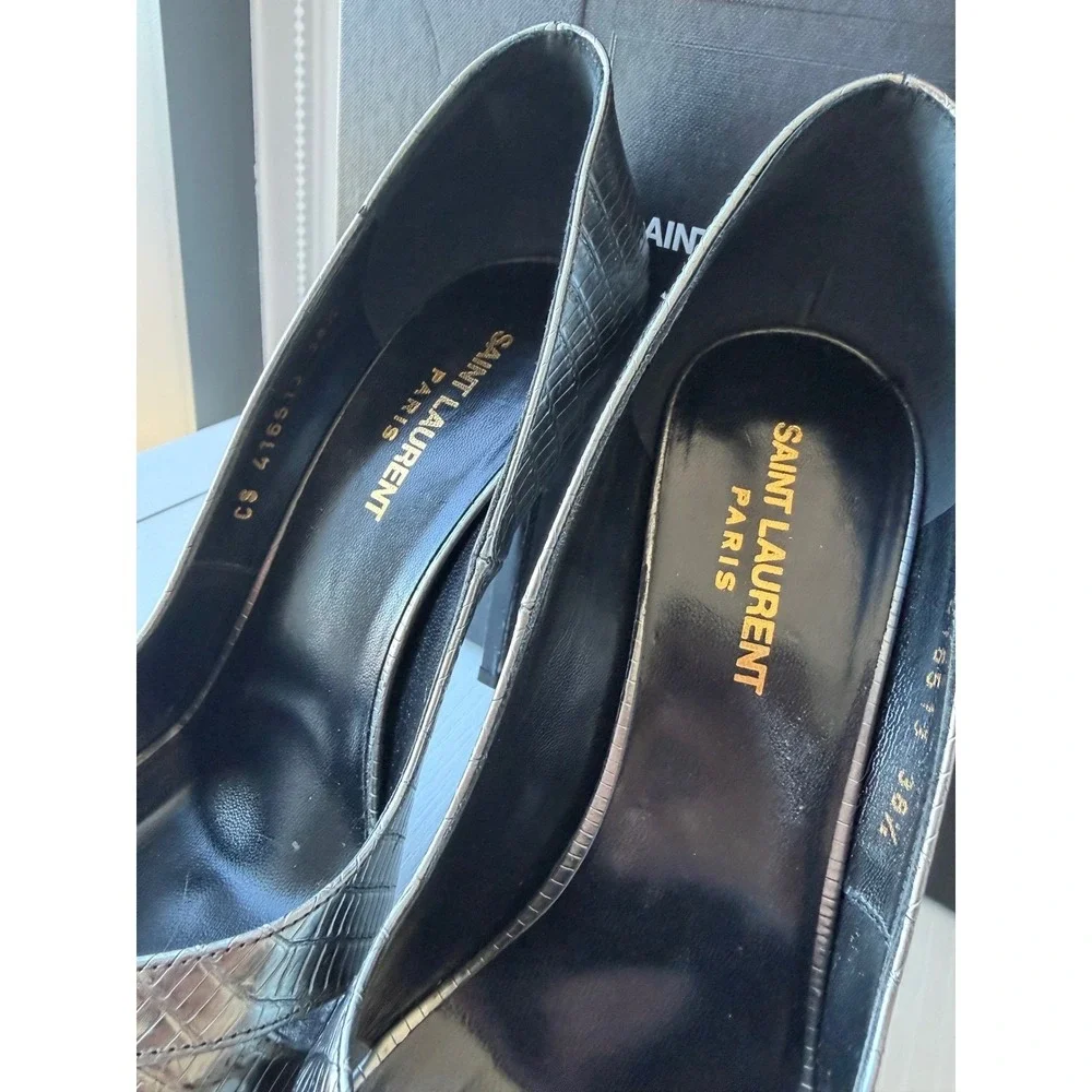 Saint Laurent Tejus Croc Embossed Platform Pumps Graphite EU 38.5
